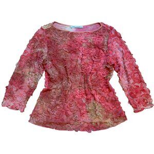 Vintage Snoskins Textured Floral Red & Gold Sheer 3D Top‎ M